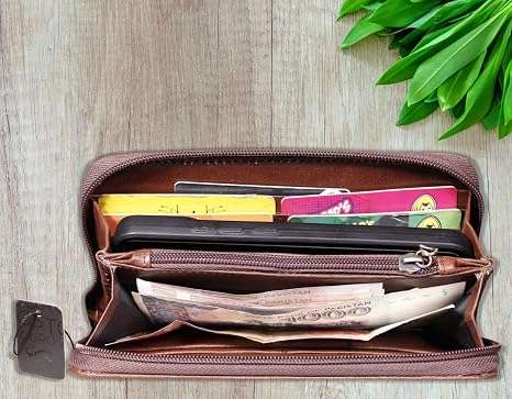 Women's Cowhide Leather Bifold Wallet with Zipper, showing open card slots and cash sleeve
