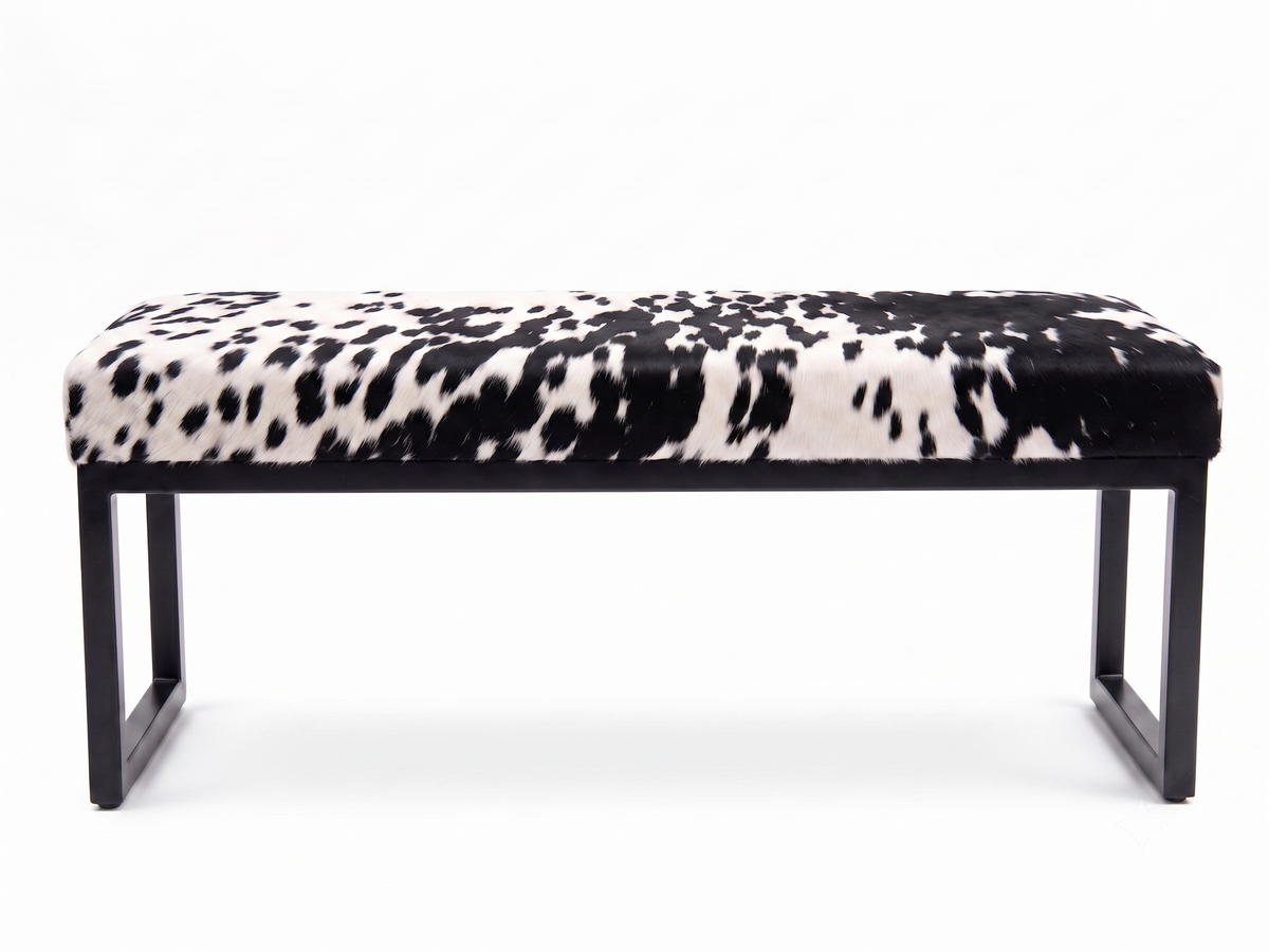 Cowhide Industrial Bench Ottoman, End of Bed, Farmhouse Style