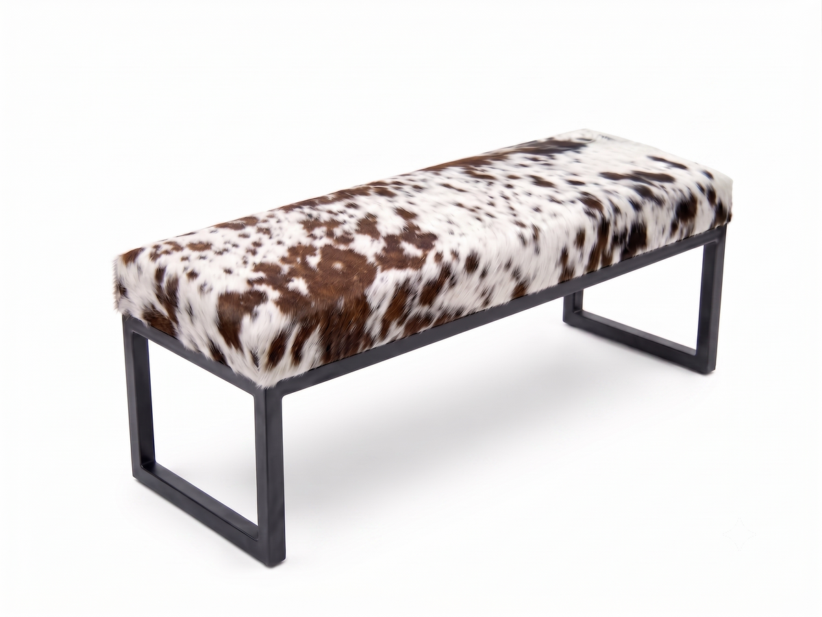 Cowhide Industrial Bench Ottoman, End of Bed, Farmhouse Style
