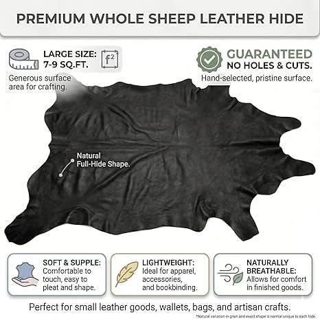 Black Nappa Sheepskin Leather Hide AA Grade, showing full hide natural contours