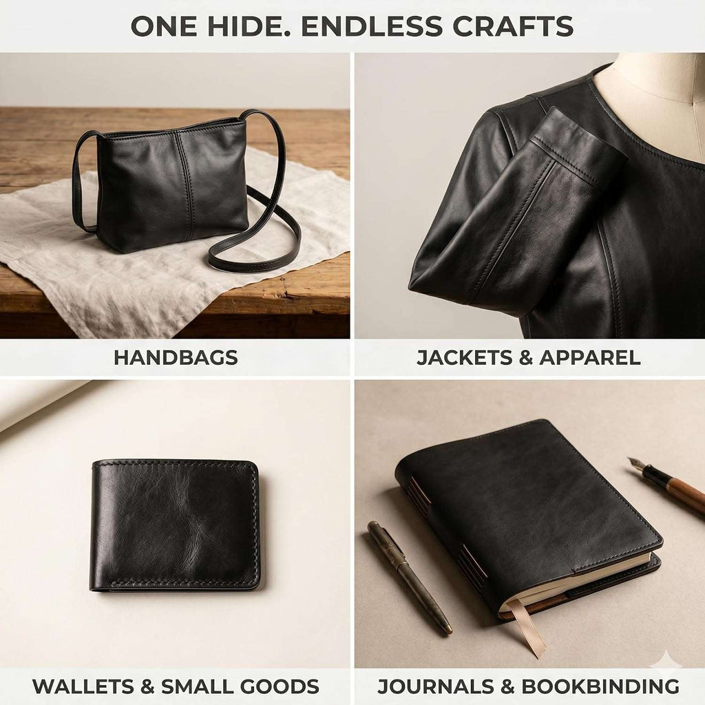 Black Nappa Sheepskin Leather Hide AA Grade, showing craft project applications