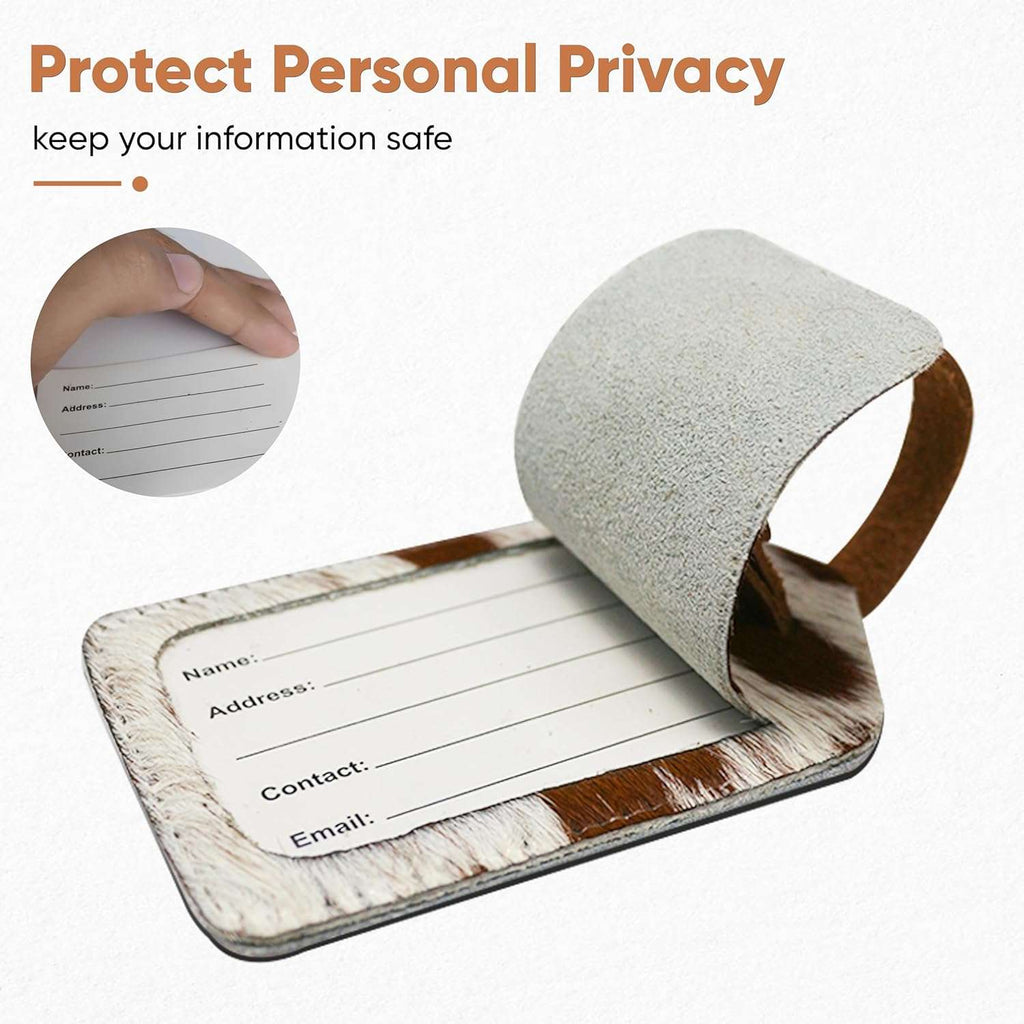 Cowhide Leather Luggage Tags Pack of 3, showing roll-up privacy cover in use
