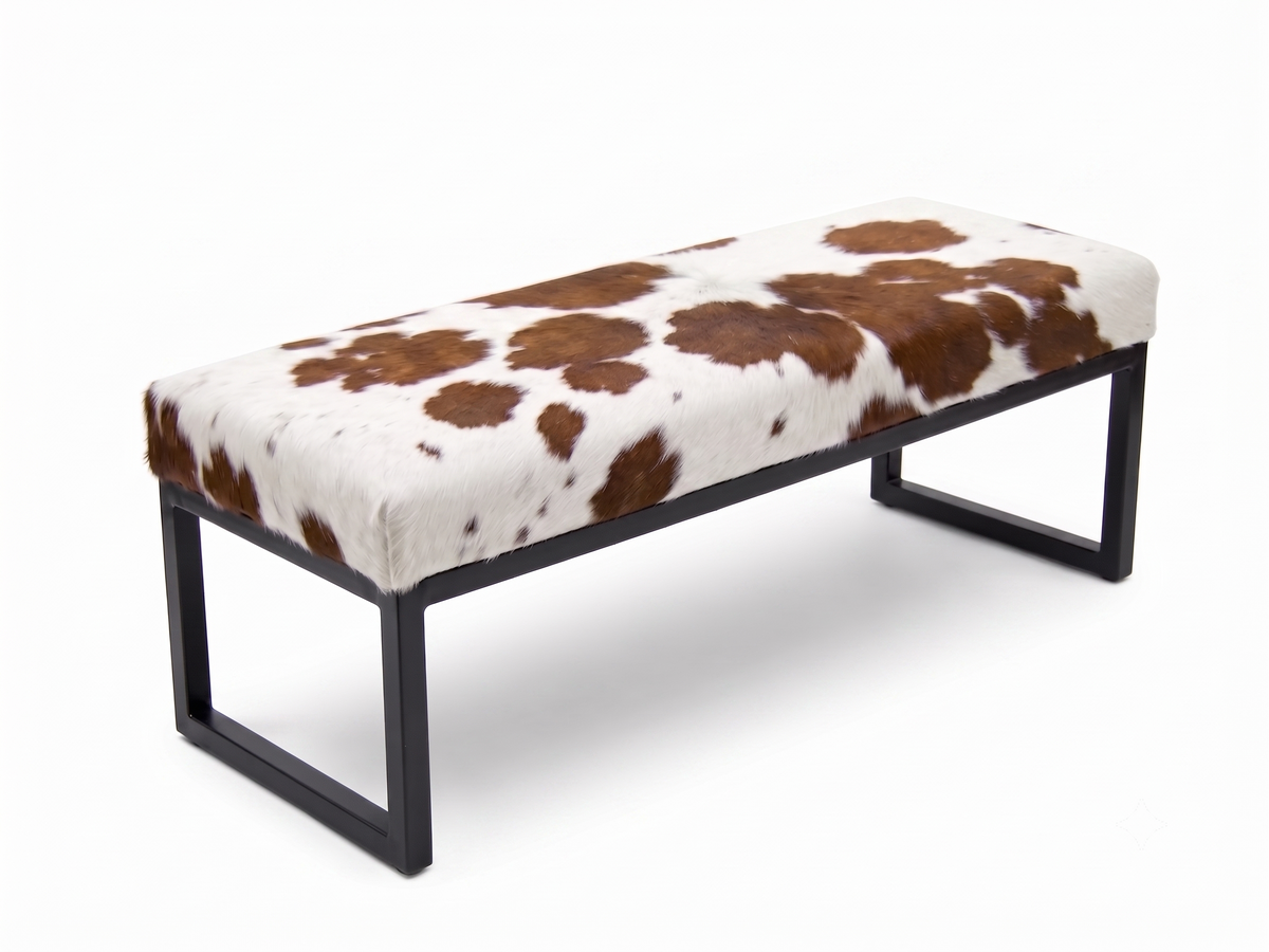 Cowhide Industrial Bench Ottoman, End of Bed, Farmhouse Style