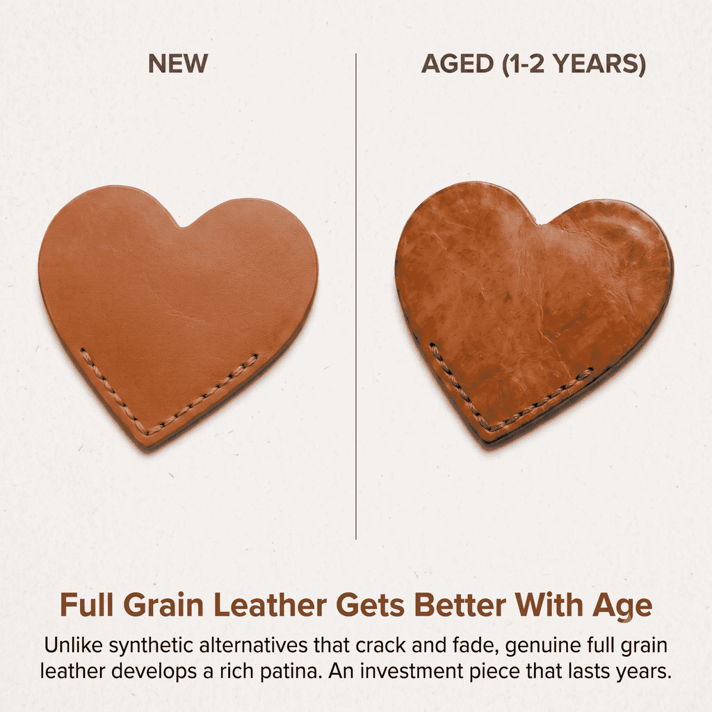 Genuine Leather Heart Bookmarks 12-Pack, showing natural patina aging detail