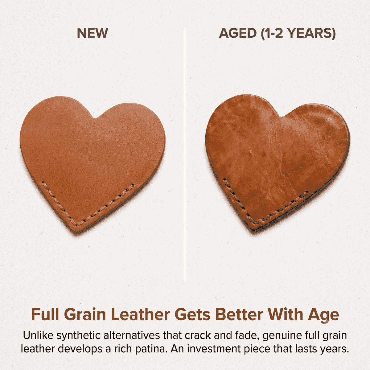 Genuine Leather Heart Bookmarks 12-Pack, showing natural patina aging detail