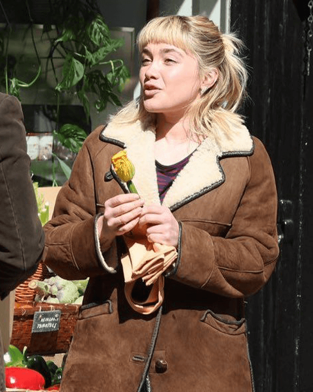 We Live in Time Florence Pugh Suede Shearling Jacket
