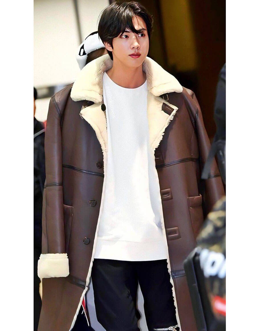 BTS Jin Shearling Brown Leather Coat Gimpo Airport