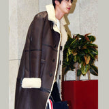 BTS Jin Shearling Brown Leather Coat Gimpo Airport