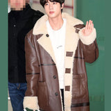 BTS Jin Shearling Brown Leather Coat Gimpo Airport