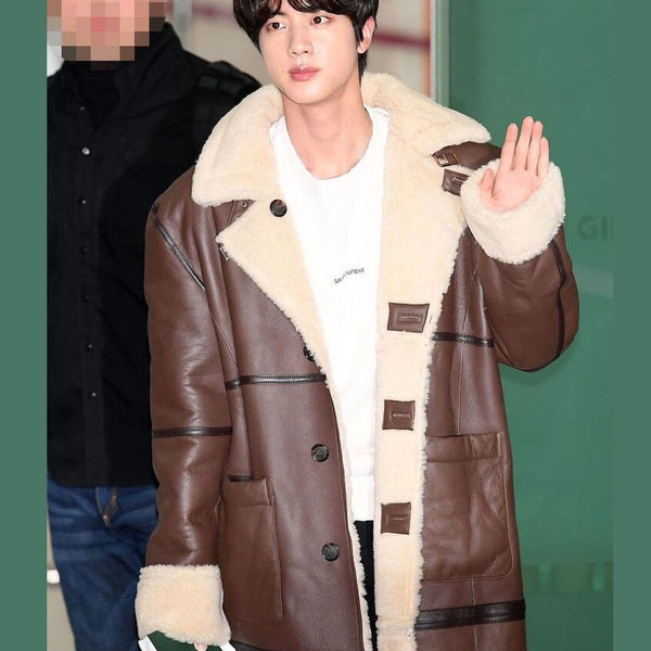 BTS Jin Shearling Brown Leather Coat Gimpo Airport