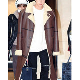 BTS Jin Shearling Brown Leather Coat Gimpo Airport
