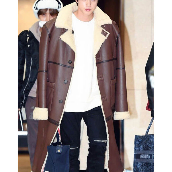 BTS Jin Shearling Brown Leather Coat Gimpo Airport