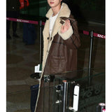 BTS Jin Shearling Brown Leather Coat Gimpo Airport