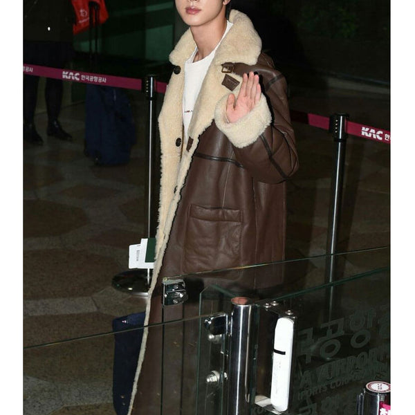 BTS Jin Shearling Brown Leather Coat Gimpo Airport