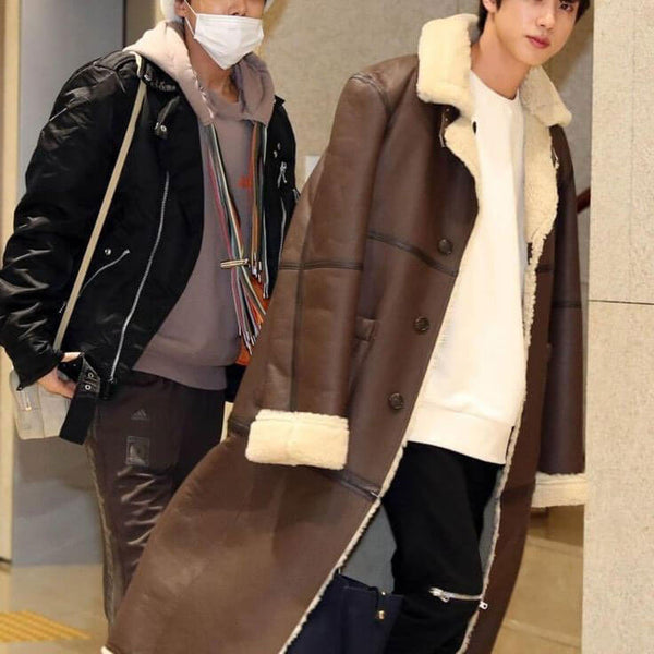 BTS Jin Shearling Brown Leather Coat Gimpo Airport