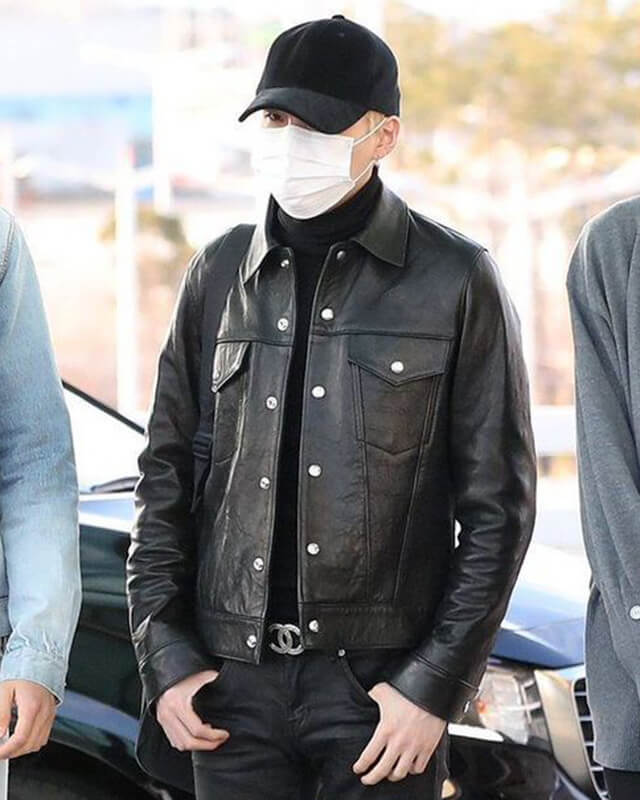 BTS Airport Fashion Suga Black Trucker Leather Jacket