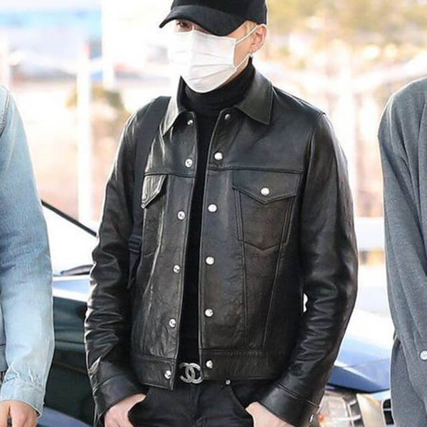 BTS Airport Fashion Suga Black Trucker Leather Jacket