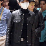 BTS Airport Fashion Suga Black Trucker Leather Jacket