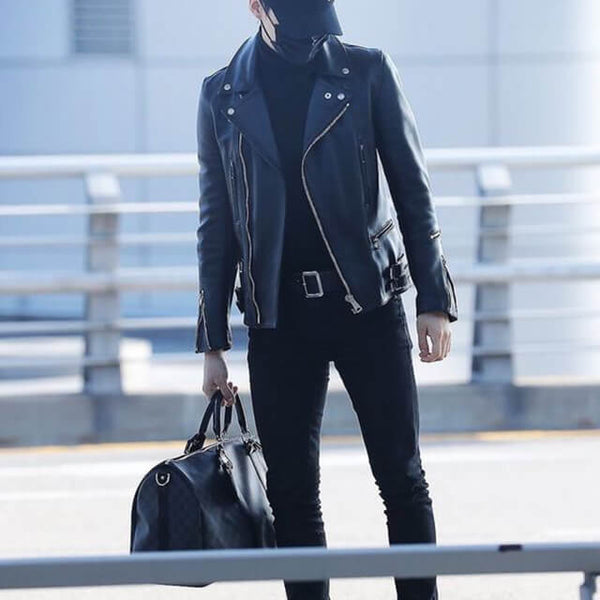 BTS Suga Black Biker Leather Jacket