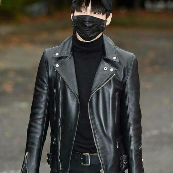 BTS Suga Black Biker Leather Jacket