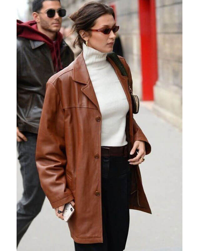 Bella Hadid Brown Oversized Leather Coat