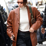 Bella Hadid Brown Oversized Leather Coat