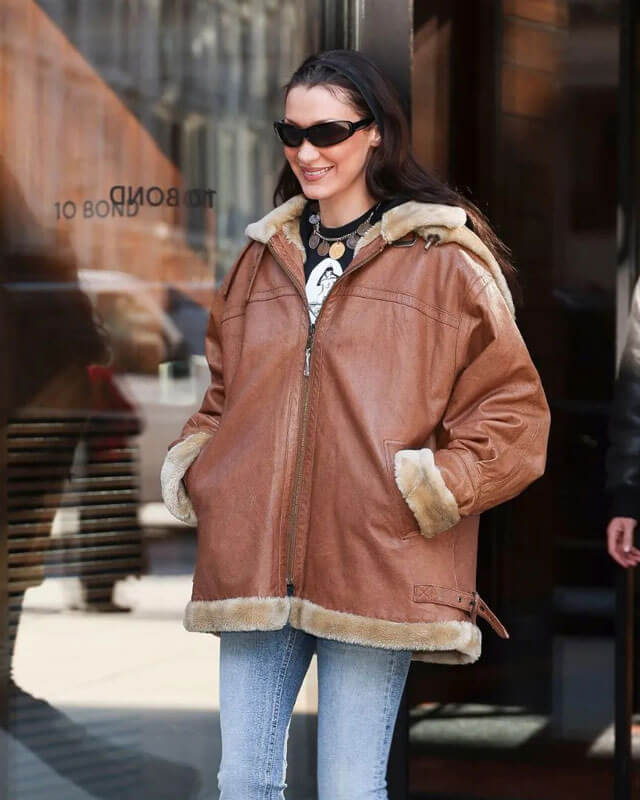 Bella Hadid Brown Shearling Hooded Leather Jacket