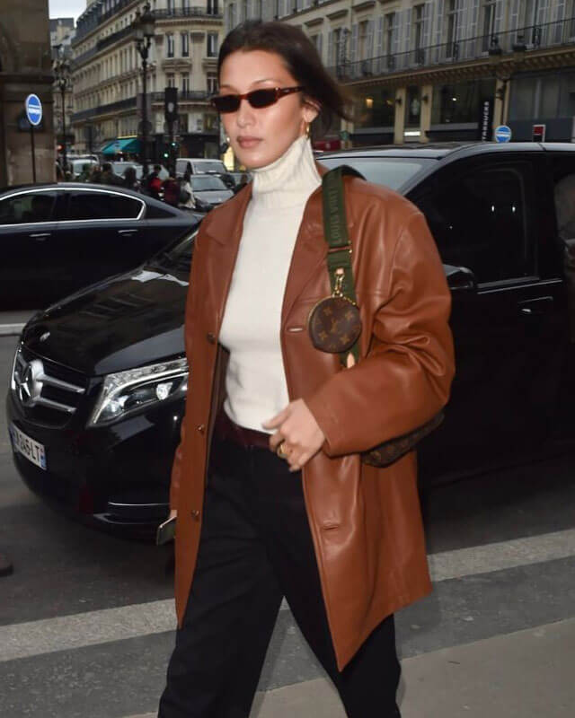 Bella Hadid Brown Oversized Leather Coat