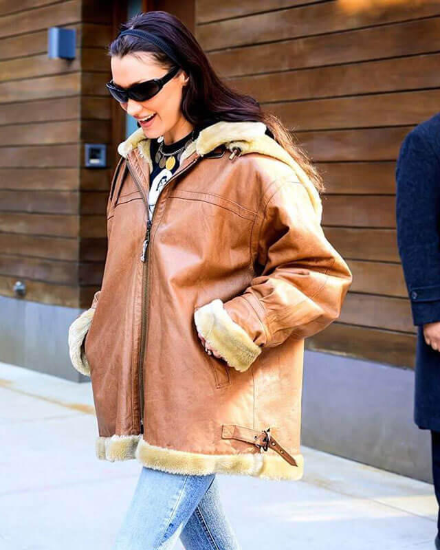 Bella Hadid Brown Shearling Hooded Leather Jacket