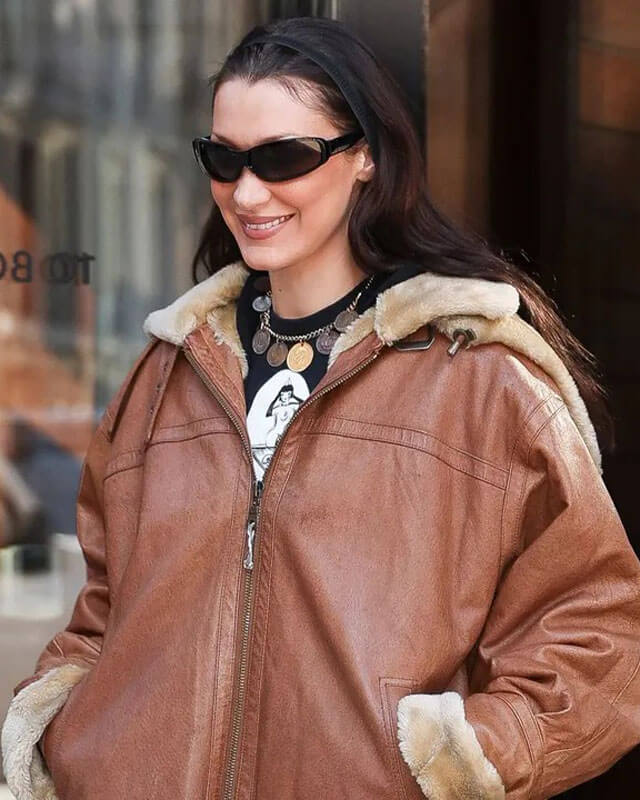 Bella Hadid Brown Shearling Hooded Leather Jacket