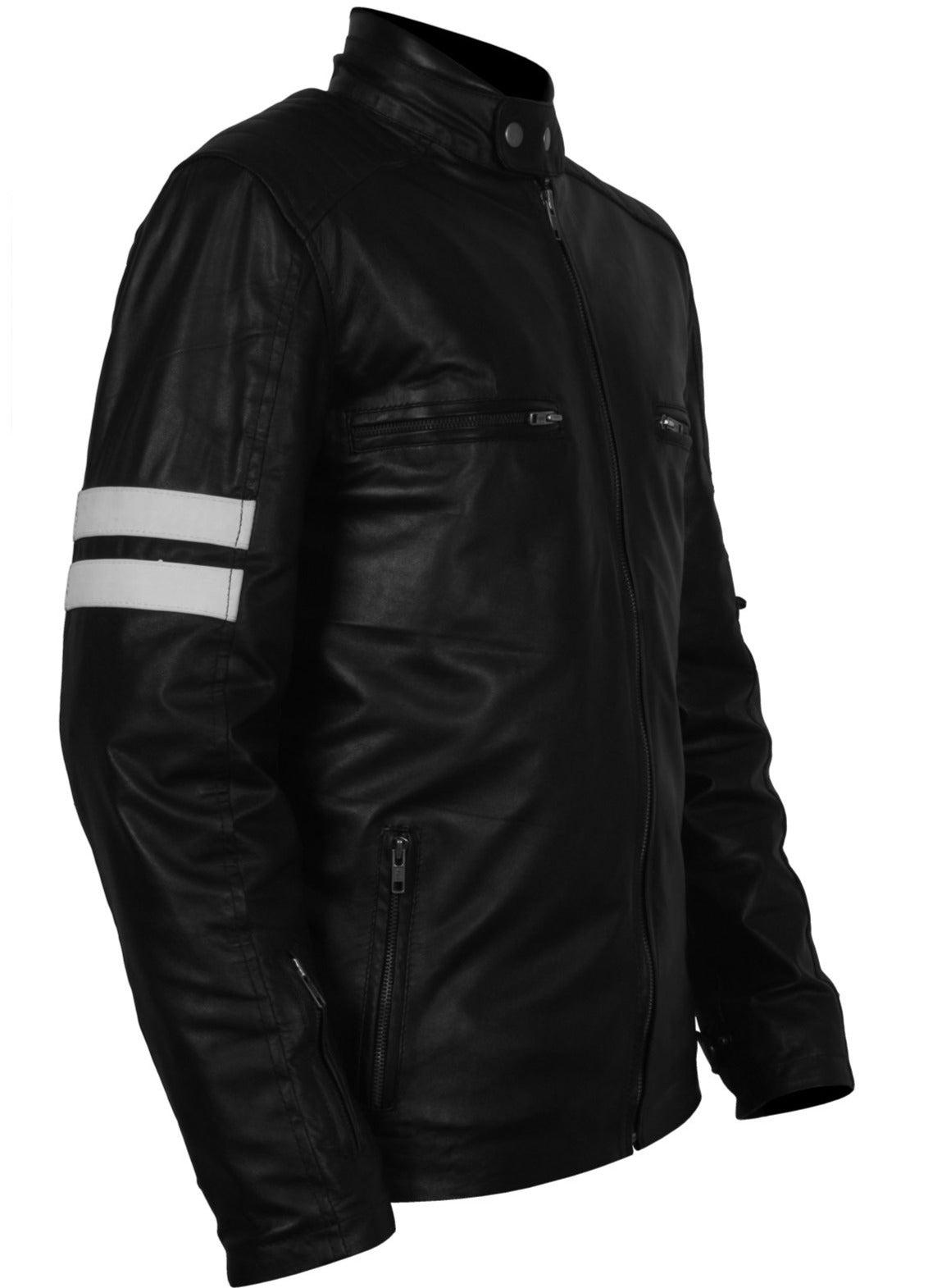 Men's Black Leather Jacket with White Stripes