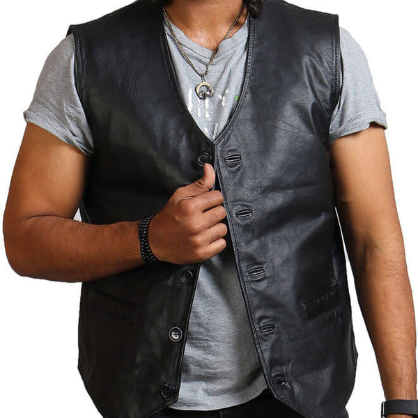 Skull Print Black Leather Vest
