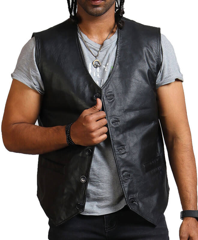 Skull Print Black Leather Vest