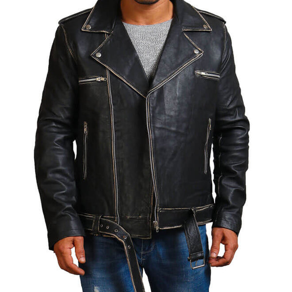 Distressed Black  Motorcycle Leather Jacket