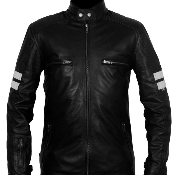 Men's Black Leather Jacket with White Stripes
