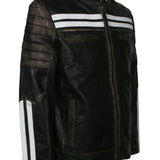 Distressed Black Leather Jacket With White Stripes