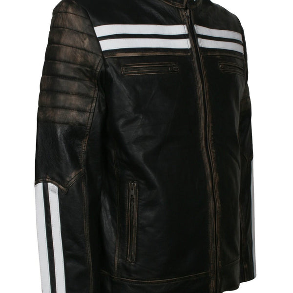 Distressed Black Leather Jacket With White Stripes