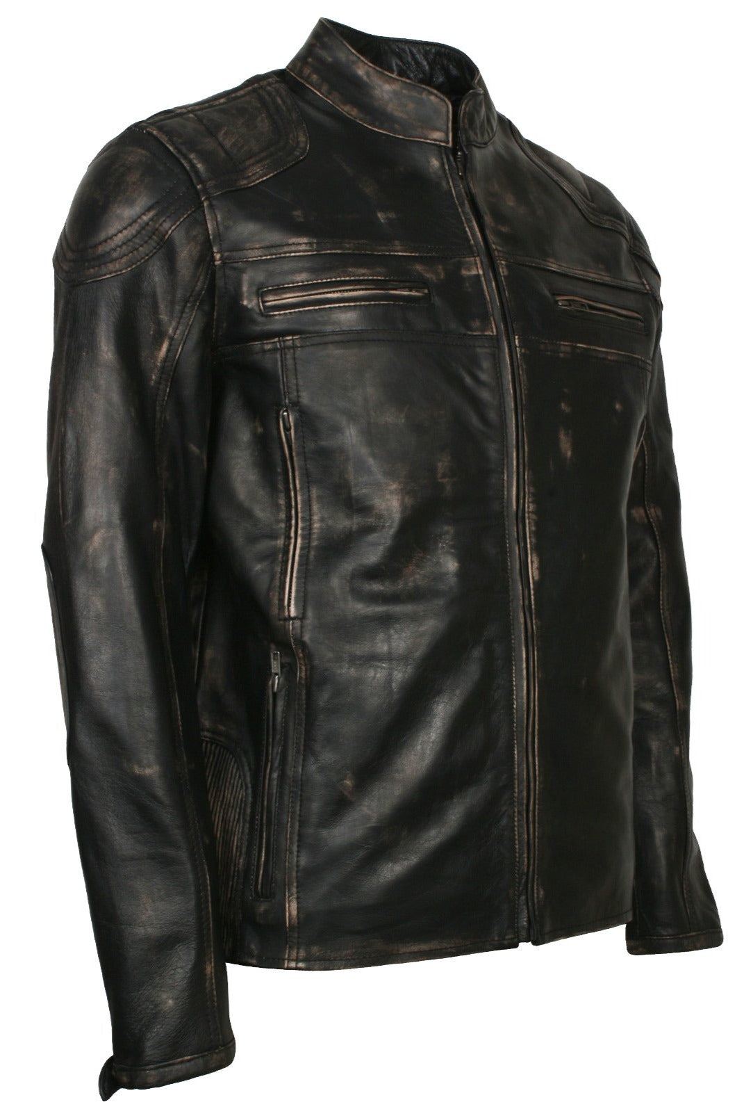 Men's Biker Distressed Leather Jacket With Zipper