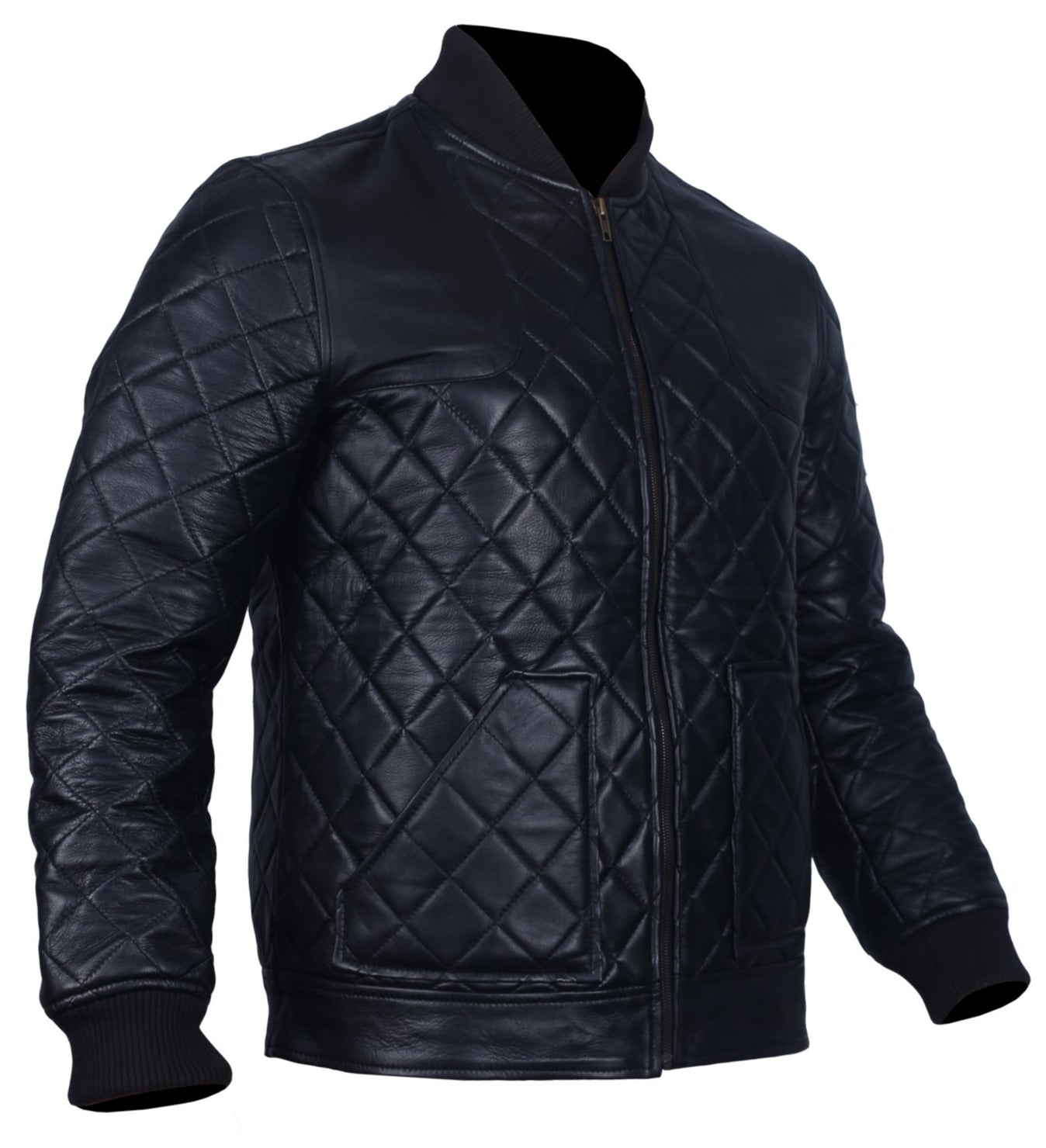 Men's Leather Bomber Jacket Black Diamond Quilted