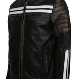 Distressed Black Leather Jacket With White Stripes