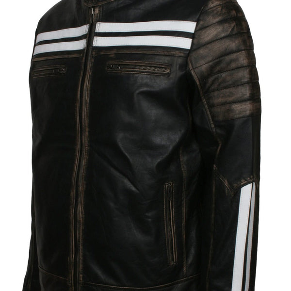 Distressed Black Leather Jacket With White Stripes
