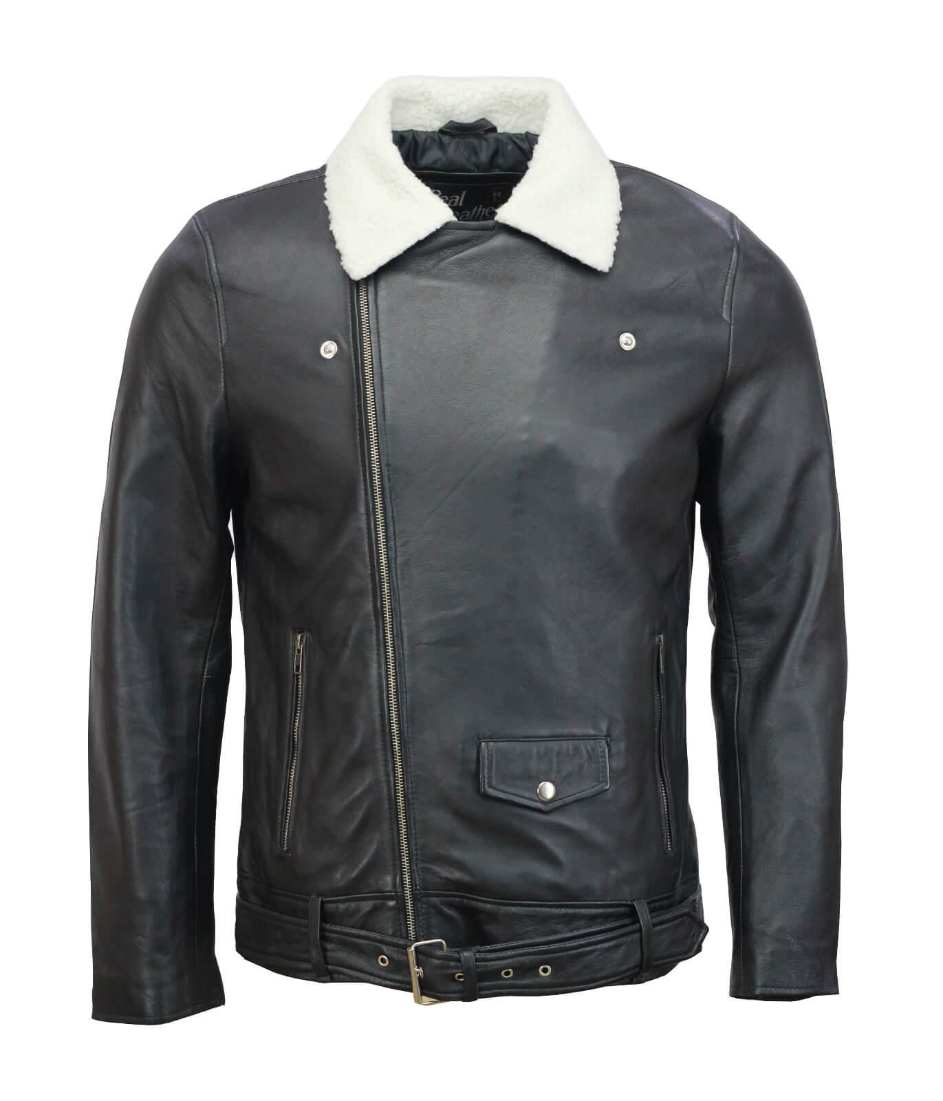 Black Motorcycle Leather Jacket with Fur Collar