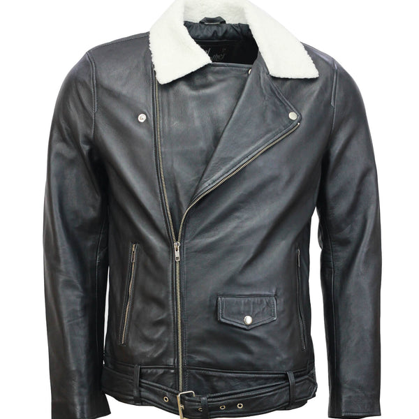 Black Motorcycle Leather Jacket with Fur Collar