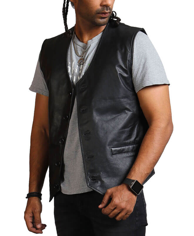 Skull Print Black Leather Vest