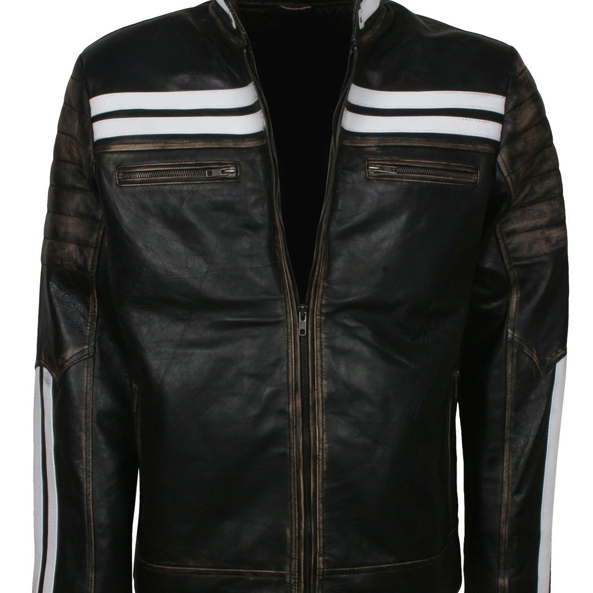 Distressed Black Leather Jacket With White Stripes