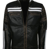 Distressed Black Leather Jacket With White Stripes