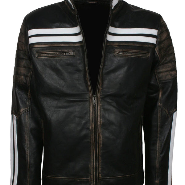 Distressed Black Leather Jacket With White Stripes