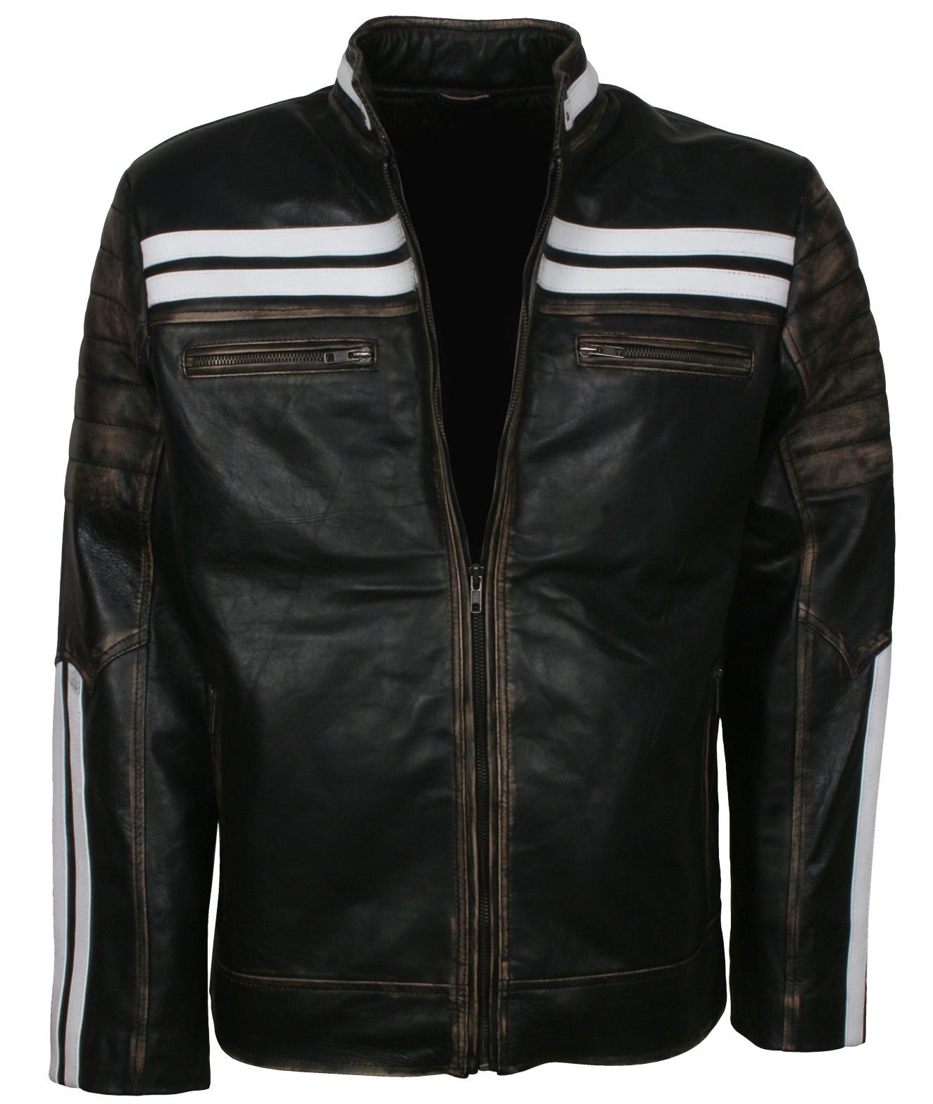 Distressed Black Leather Jacket With White Stripes