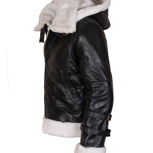 Men’s Shearling Black B3 Bomber Jacket with Hood
