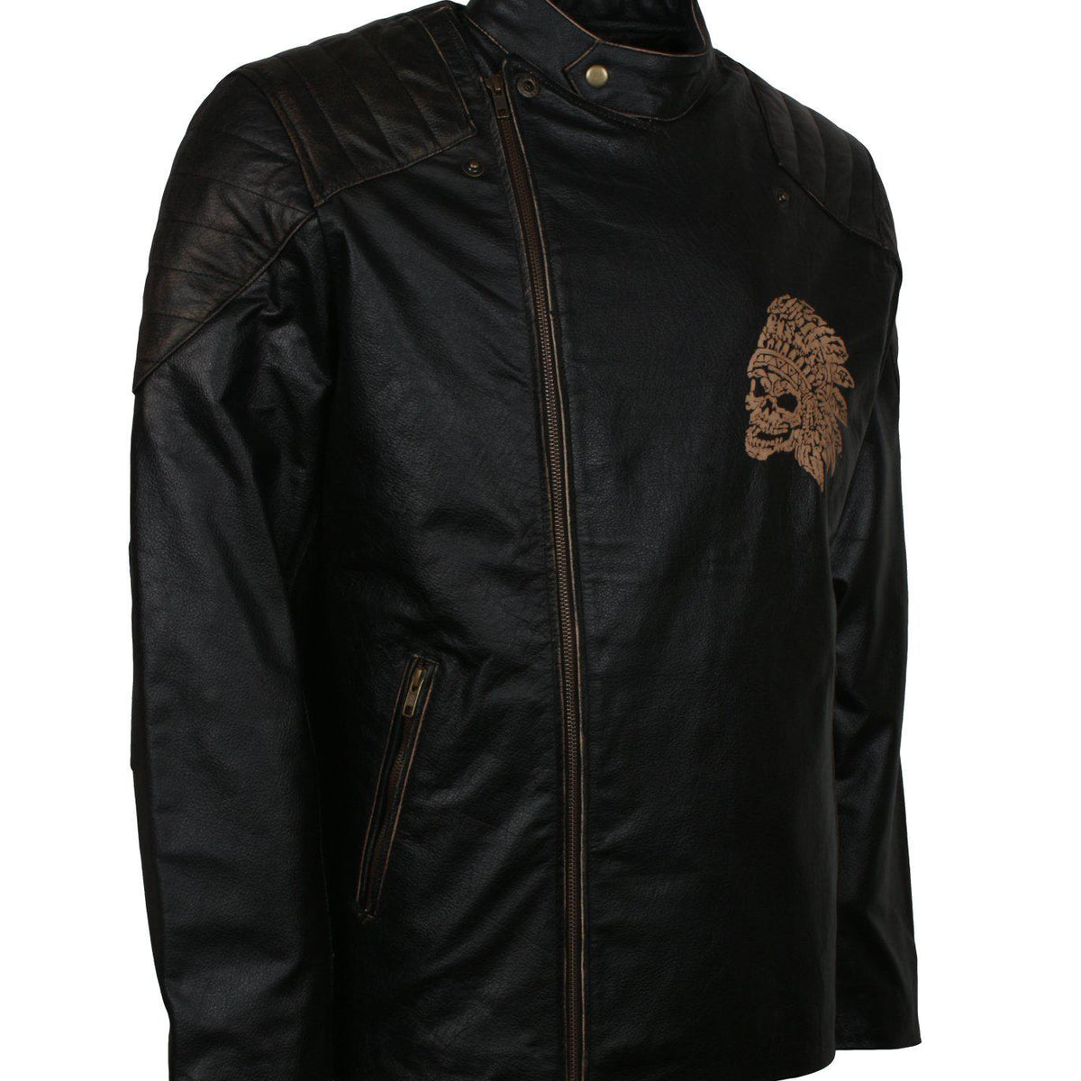 Men's Black Red Indian Skull Real Leather Biker Jacket